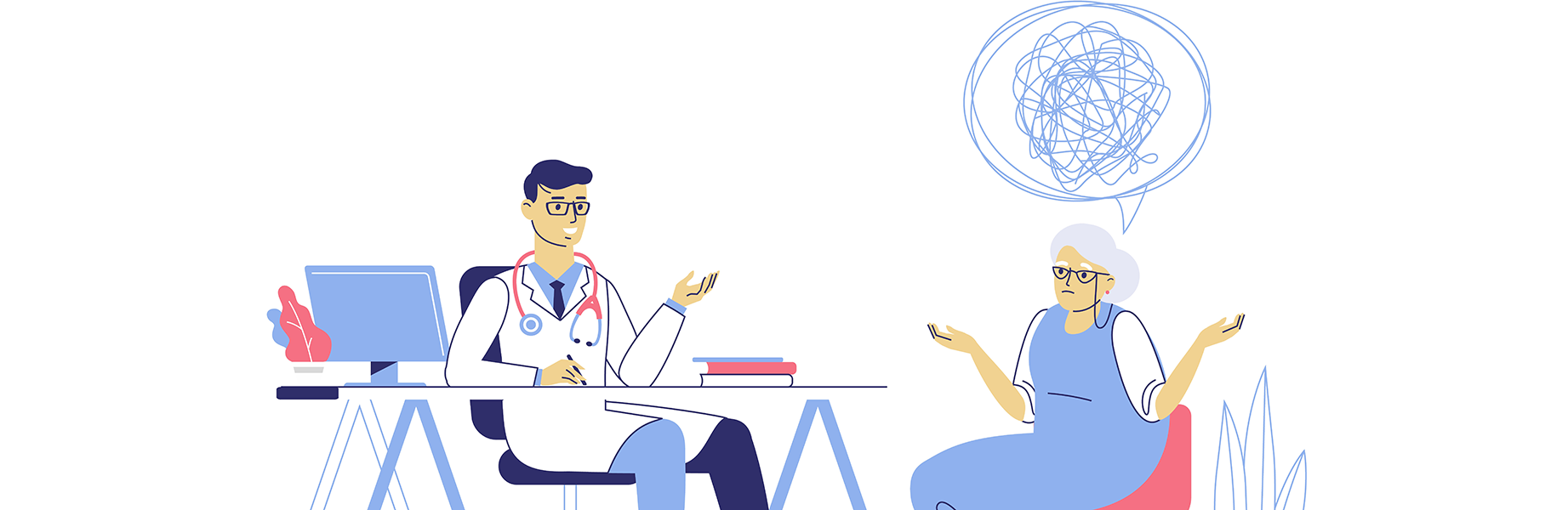 Doctor and patient having a conversation; patient is confused