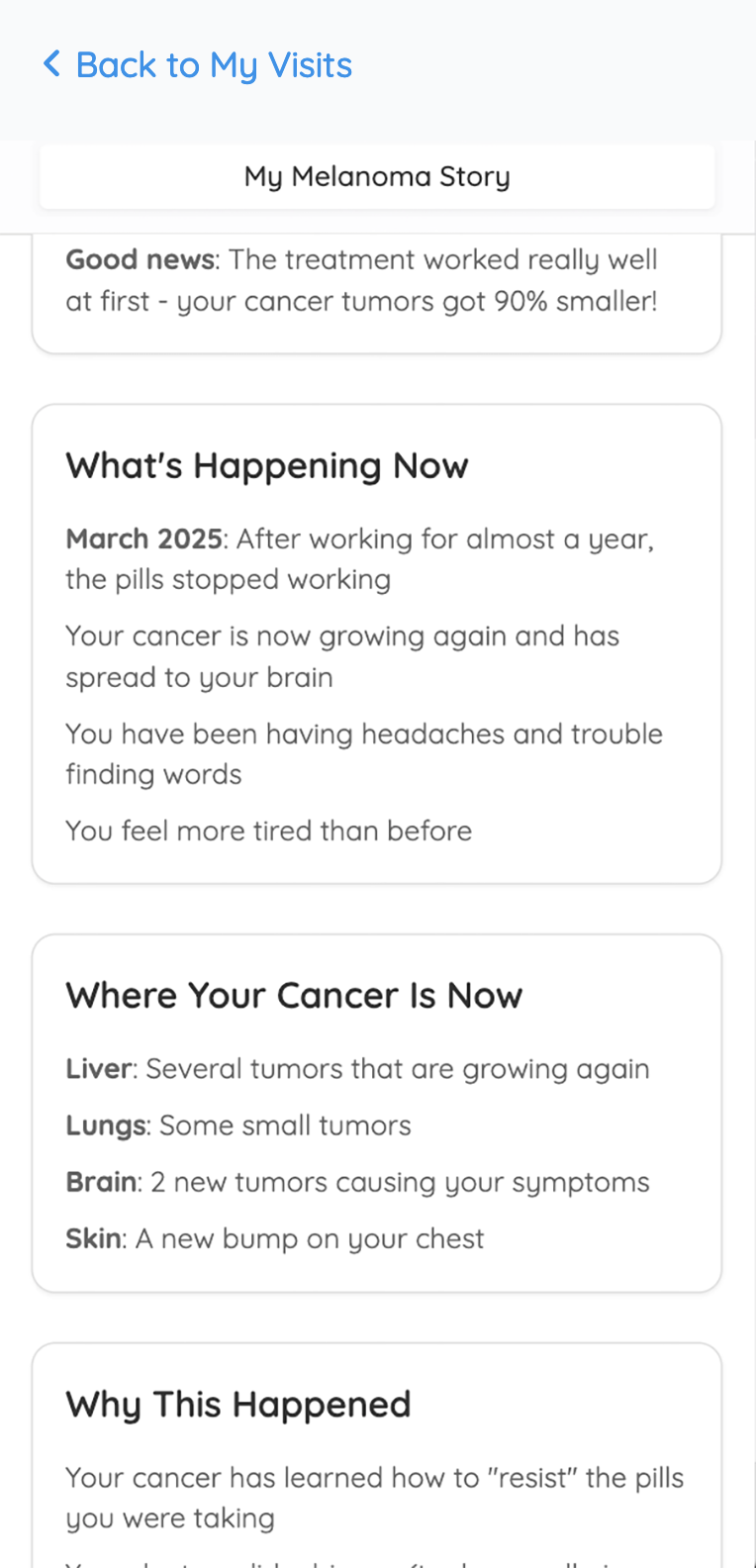 Patient's melanoma journey timeline showing treatment progression